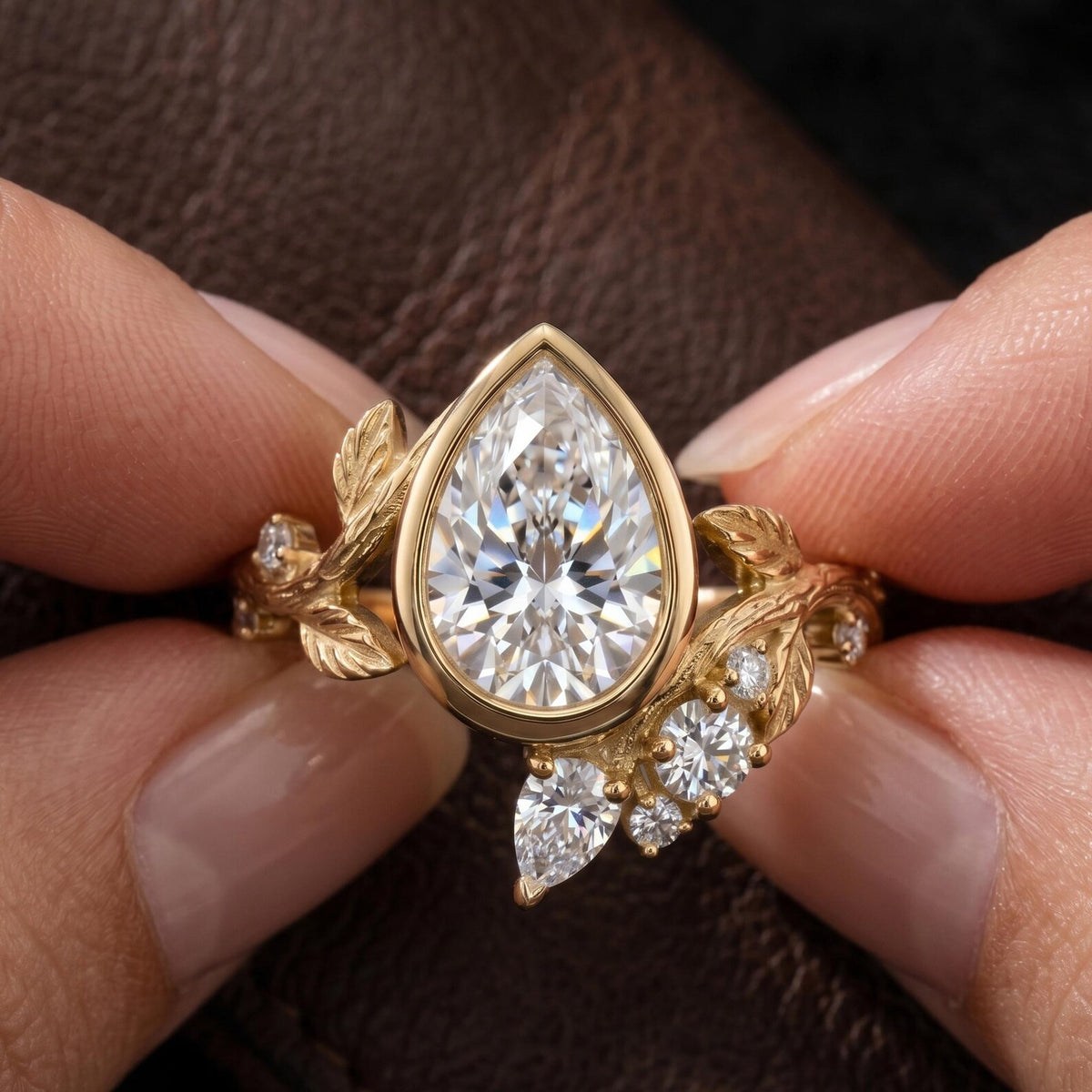 Person holding a 2 CT pear cut lab grown diamond bezel ring highlighting the leaf carved band.