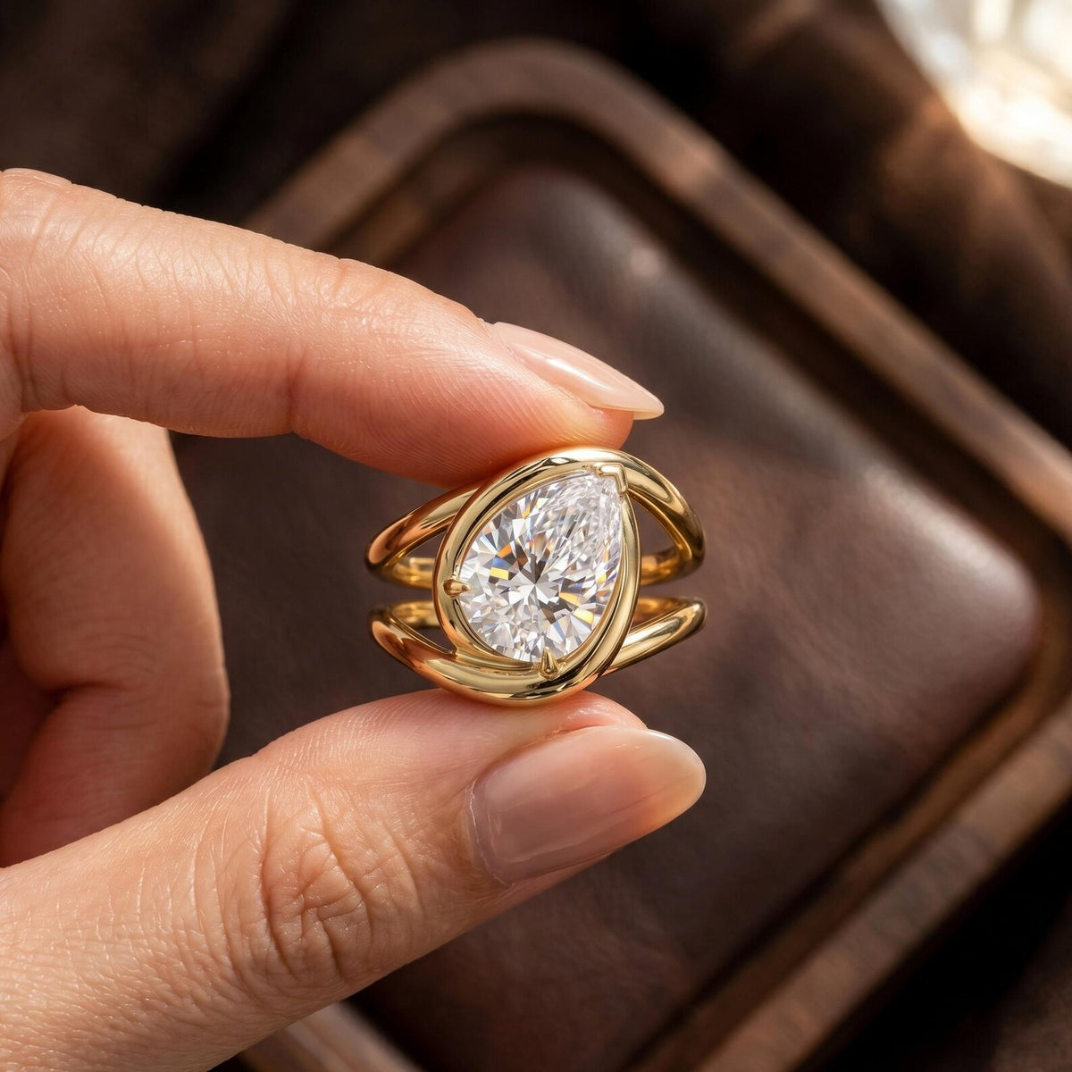 Handheld macro shot of a 2 CT pear lab grown diamond solitaire ring featuring a curved gold bezel.
