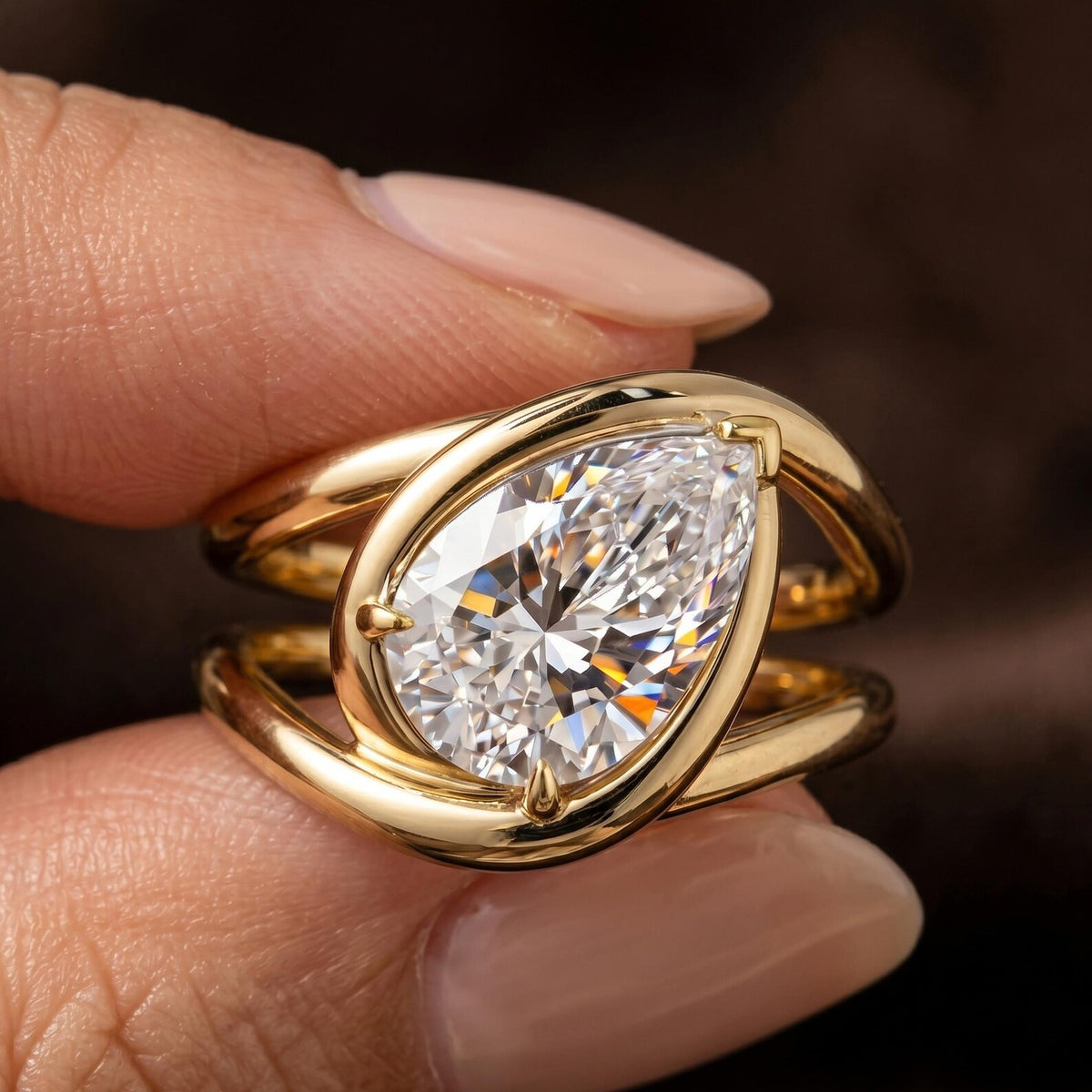 A close-up of a hand wearing a gold ring with a large pear-cut clear gemstone in a prong setting, against a dark brown background.