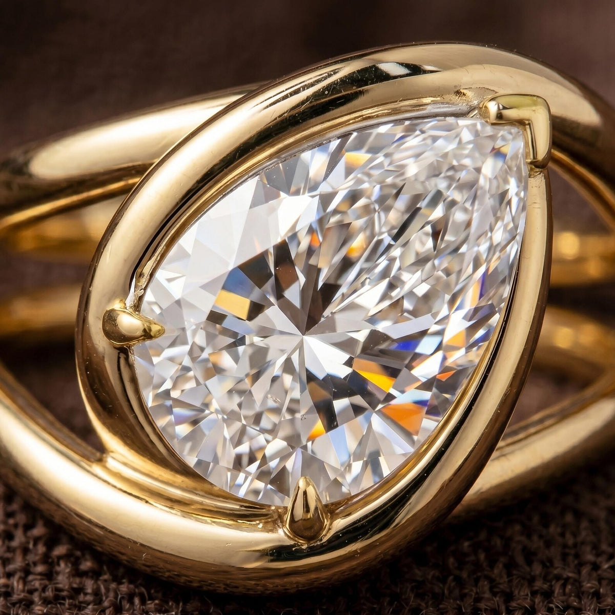 Detailed macro photo showing the facet brilliance and V-tip prong of a 2 CT pear lab diamond ring.