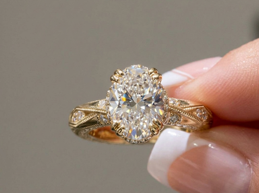 Close-up side profile of an oval engagement ring showcasing the diamond basket and intricately engraved band.