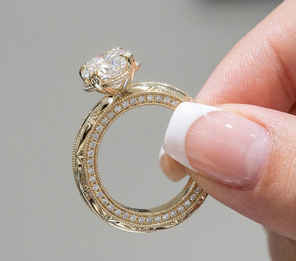 Detailed side view of a yellow gold engagement ring showing a hidden diamond halo wrap and milgrain pave side profile.