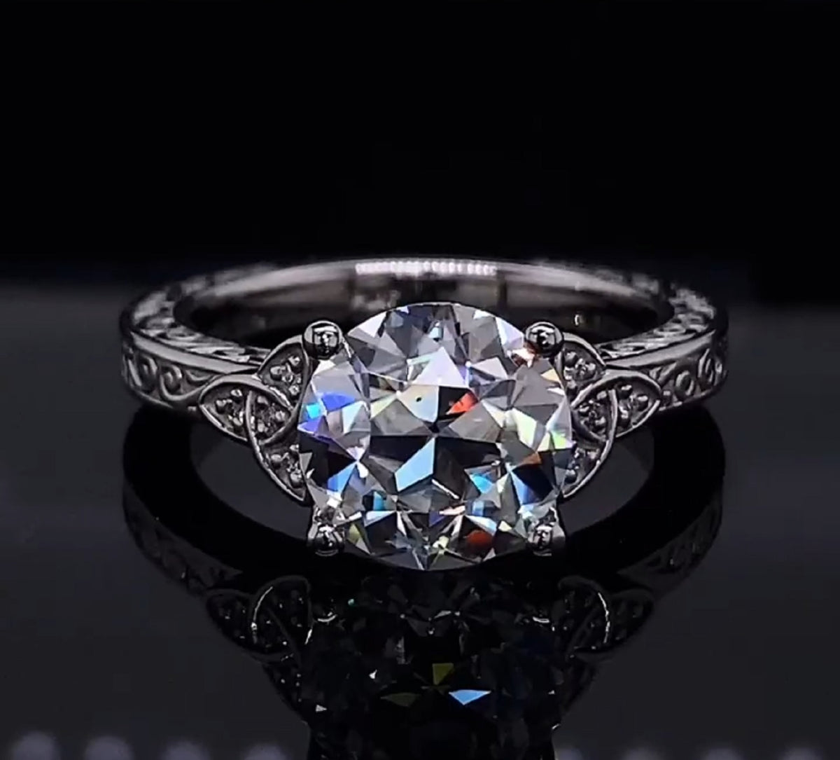 2 CT round cut lab grown diamond engagement ring with filigree band front view