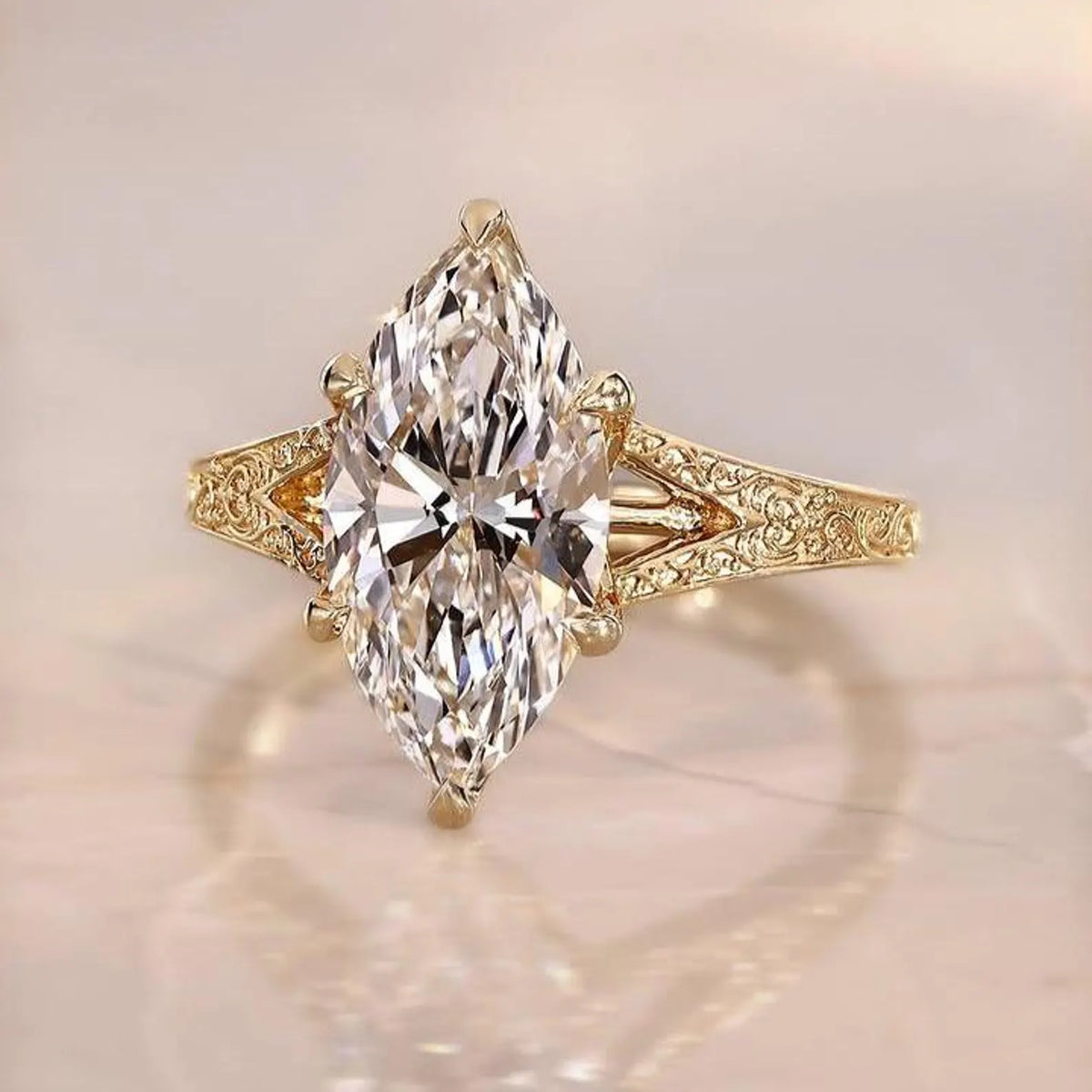 Top-down view of a 3 carat marquise cut lab grown diamond ring on a neutral surface