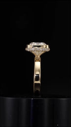 Straight-on side view of 3 CT cushion cut lab grown diamond bezel ring showing pavé hidden halo