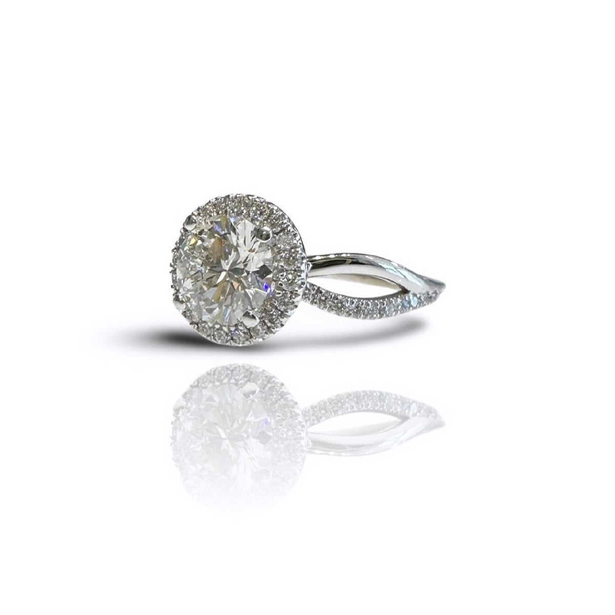 3 CT round cut lab grown diamond halo ring with twisted pave band on white background