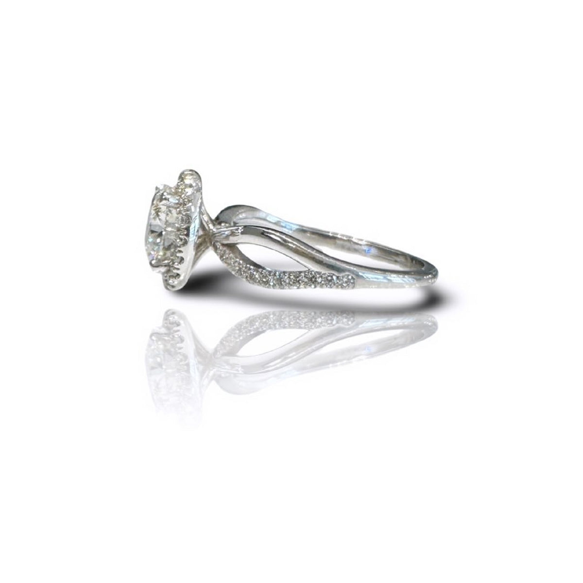 Side view showing the split shank crossover band of a 3 carat round lab diamond ring