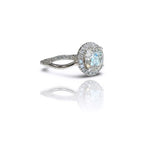 Perspective view showcasing the halo setting and pave-set split band on a lab grown diamond ring
