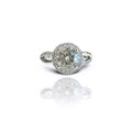 Front face view highlighting the 3 carat round lab diamond center stone and surrounding halo