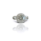 Front face view highlighting the 3 carat round lab diamond center stone and surrounding halo