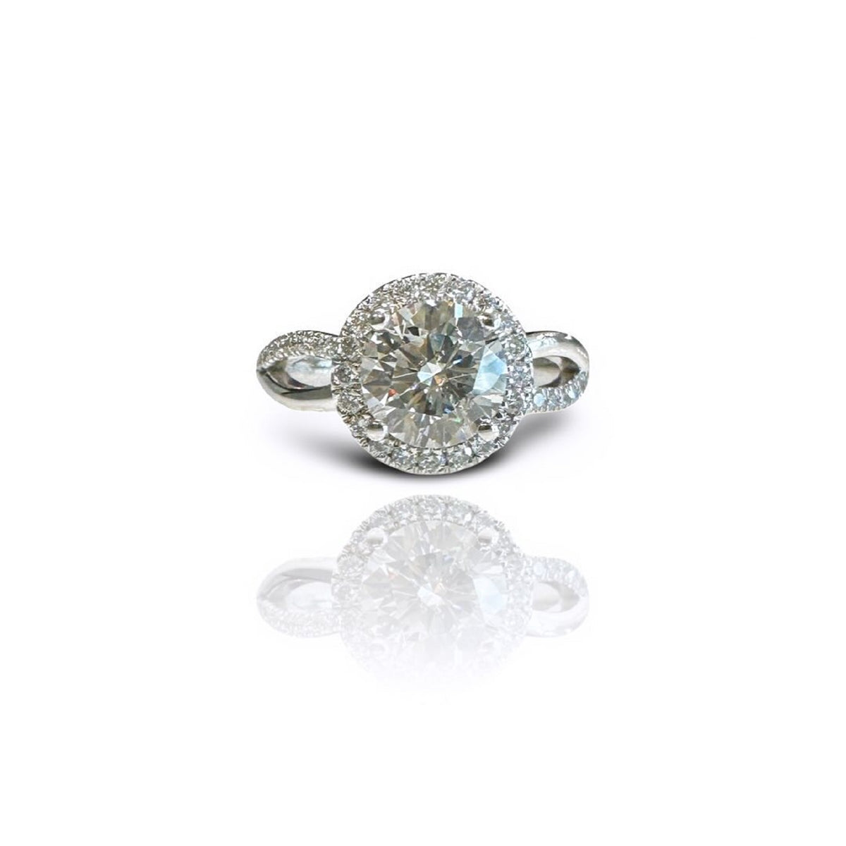 Front face view highlighting the 3 carat round lab diamond center stone and surrounding halo