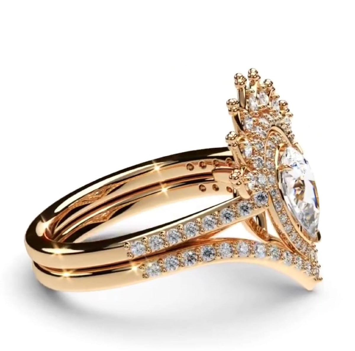 Side profile of 2 CT pear lab grown diamond halo ring set in yellow gold with tiara crown and chevron bands