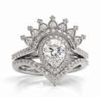 Front view of 2 carat pear cut lab grown diamond halo engagement ring with crown nesting band in white gold
