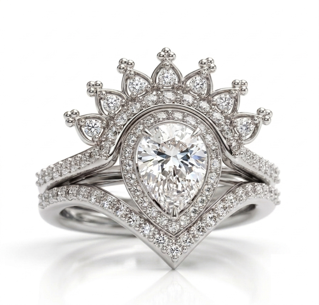 Front view of 2 carat pear cut lab grown diamond halo engagement ring with crown nesting band in white gold