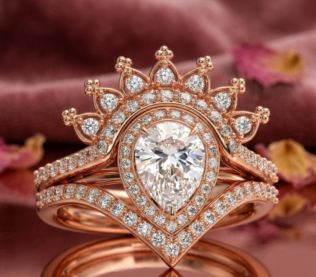 Front view of 2 CT pear lab diamond halo ring set with crown tiara and chevron band on rose gold velvet background