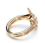 Rose gold 2 CT pear cut lab grown diamond halo engagement ring with tiara crown jacket and chevron wedding ring