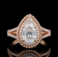 Top-down view of a pear-shaped rose gold engagement ring with a diamond inner halo and twisted rope outer halo on a black background.