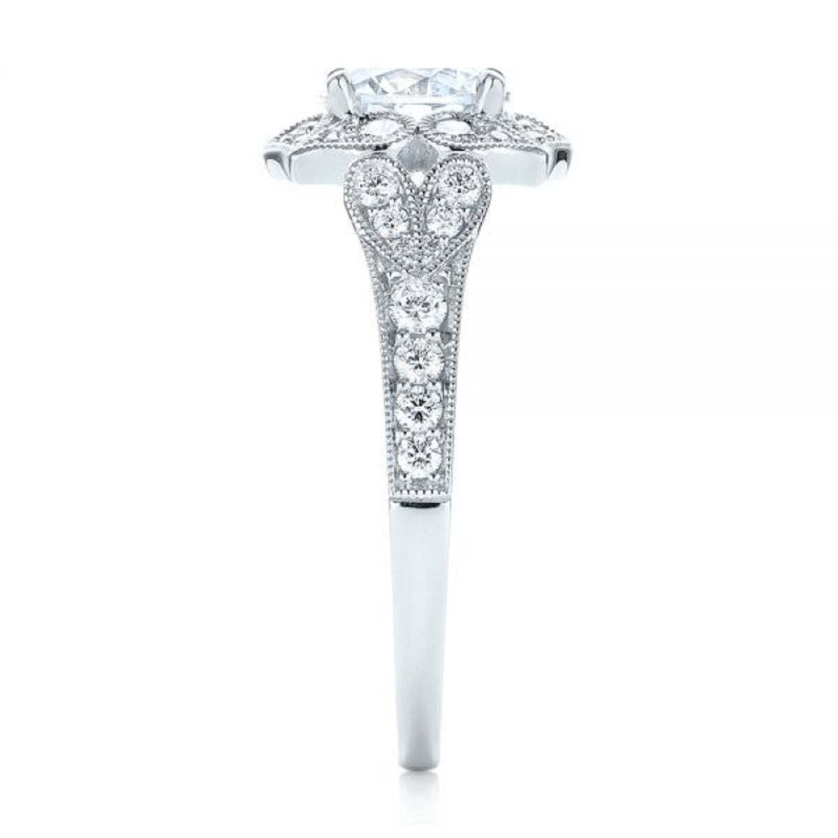 Top-down vertical alignment view showing pave diamond band symmetry and vintage leaf shoulders