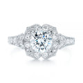 High-definition front-facing view of 2 CT round cut lab grown diamond engagement ring with petal halo