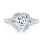 High-definition front-facing view of 2 CT round cut lab grown diamond engagement ring with petal halo