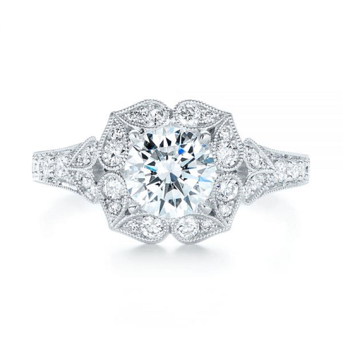 High-definition front-facing view of 2 CT round cut lab grown diamond engagement ring with petal halo