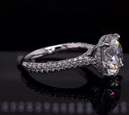 Side profile of 4 carat round lab grown diamond engagement ring with micro-pave band