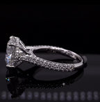 Close up side view showing multi-row micro pave setting on white gold engagement ring