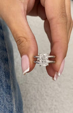 Front view of 2 CT radiant cut lab grown diamond engagement ring with double band