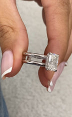 Side profile view of radiant cut lab diamond ring showing hidden halo and split shank band