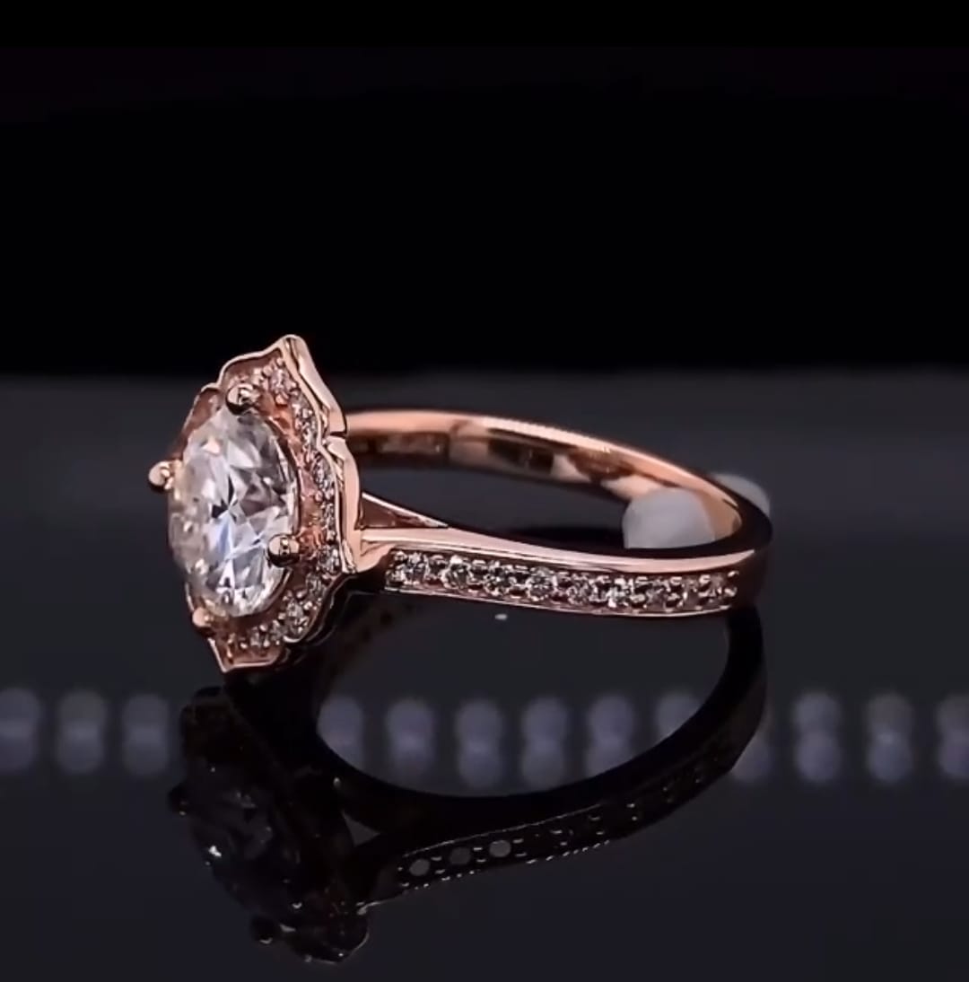 Profile view showing elevated scalloped setting of 3 carat round lab diamond ring