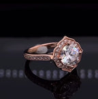 Close-up front perspective of 3 CT round lab grown diamond with floral halo