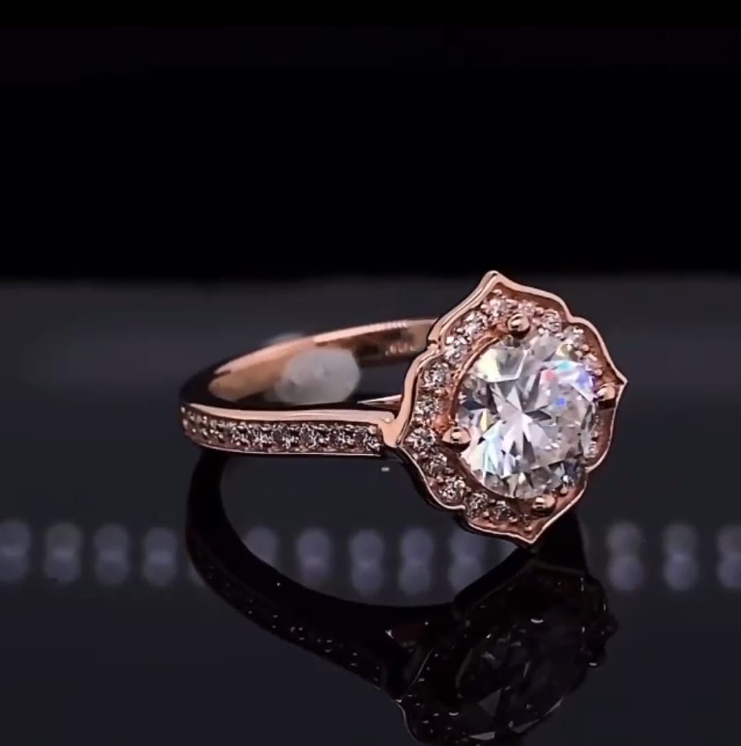 Close-up front perspective of 3 CT round lab grown diamond with floral halo