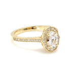 Three-quarter view of oval lab grown diamond engagement ring with scalloped milgrain halo