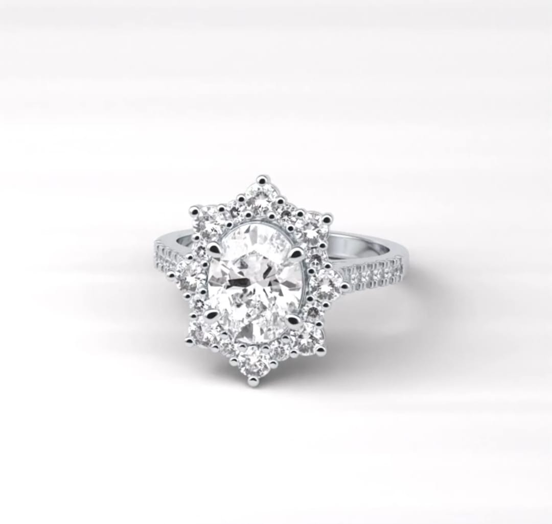 Top-down view of a 2 carat oval cut vintage halo diamond engagement ring showing the full sunburst design.