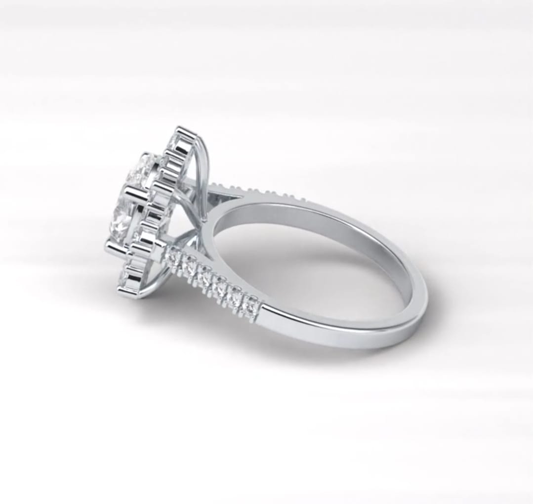 Side profile view detailing the secure prong setting and structural design of the oval lab grown ring.