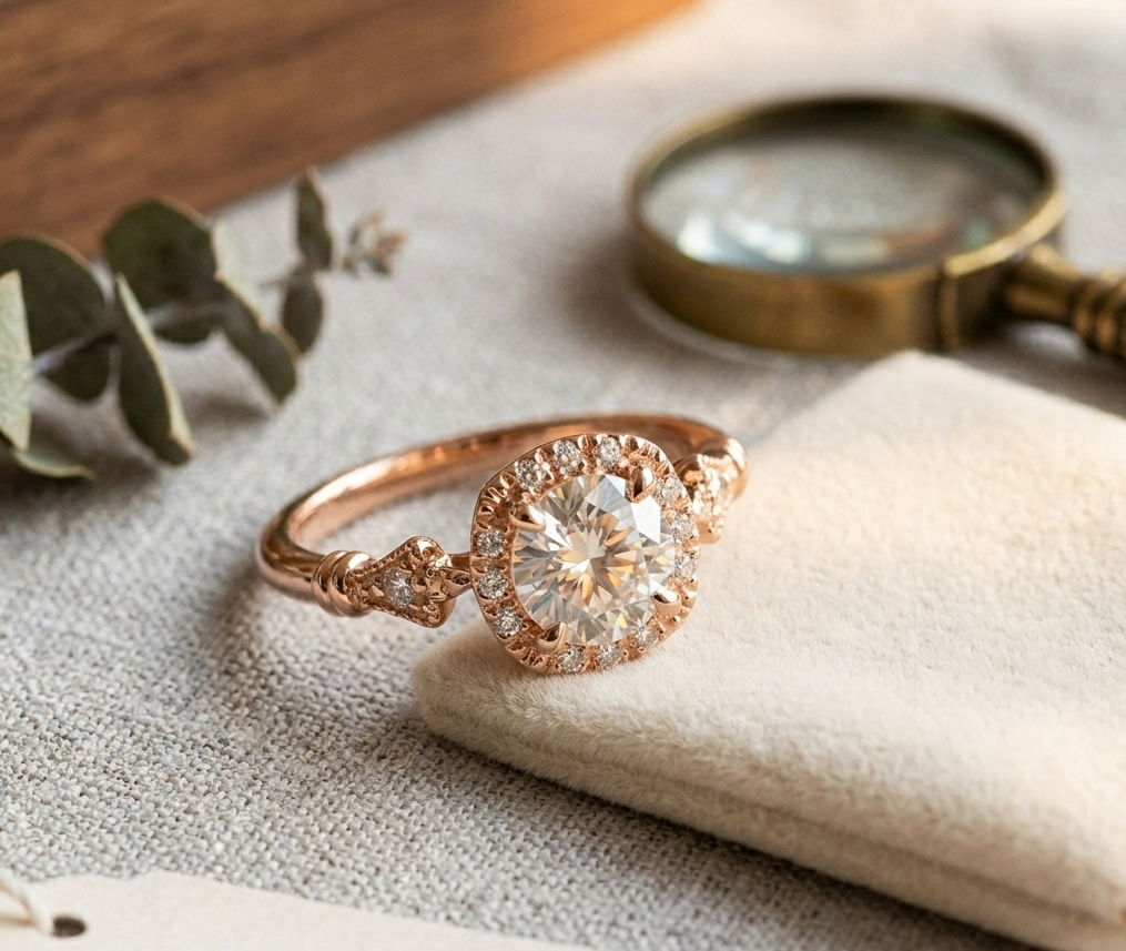 A rose gold vintage halo ring resting on a small velvet jewelry pouch with a vintage magnifying glass in the softly blurred background.
