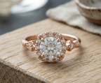 Detailed macro view highlighting the intricate milgrain edge detailing on a rose gold round halo engagement ring