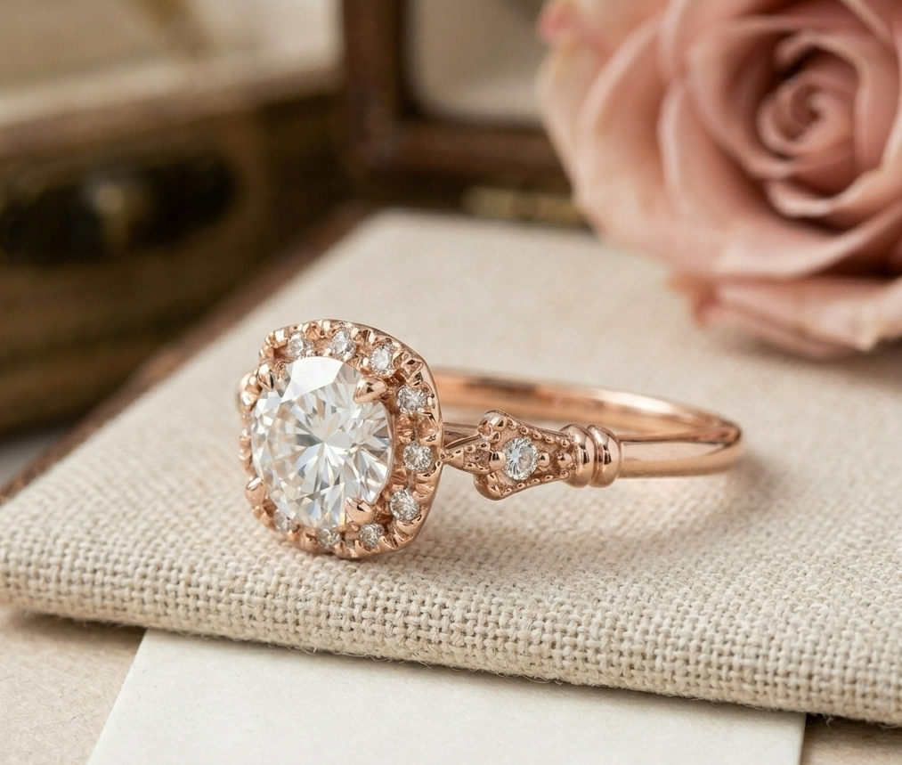 Antique-inspired round cut rose gold ring displayed on a natural fabric swatch next to a vintage wooden jewelry box and a soft pink rose.