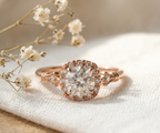 Sparkling round cut ring in a rose gold vintage-style setting, surrounded by delicate white baby's breath flowers in bright, natural sunlight.