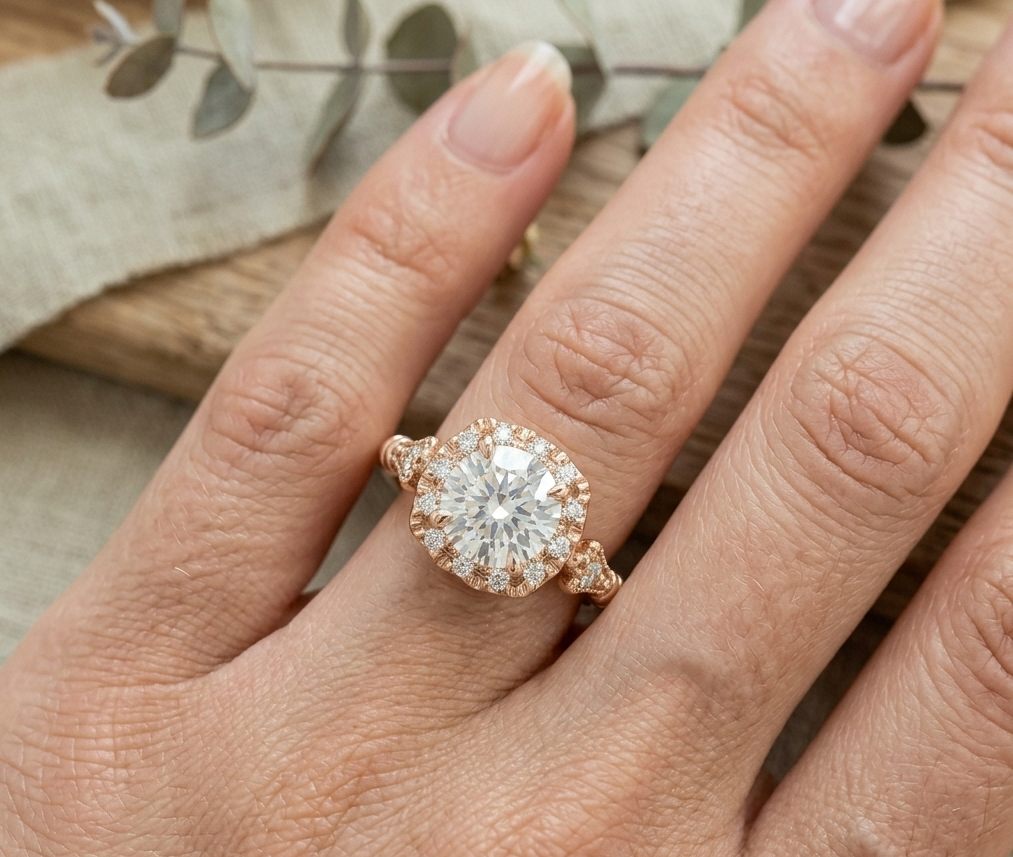 Top-down view of a woman's hand wearing a stunning rose gold vintage halo engagement ring, showcasing its size and proportions.