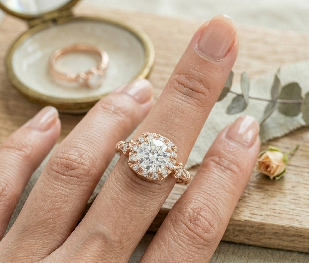 Lifestyle shot of a woman wearing a vintage-style rose gold engagement ring on her finger, with an open vintage ring box in the softly blurred background.