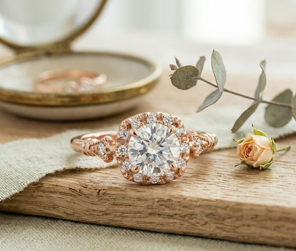 Rose gold engagement ring with a detailed halo setting and milgrain band, resting elegantly on a wooden surface next to a small dried rosebud