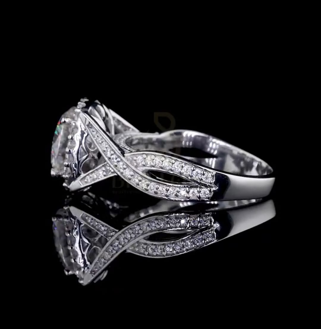 Side angle view of the 2 carat cushion cut lab diamond ring showing the elegant twisted split shank.