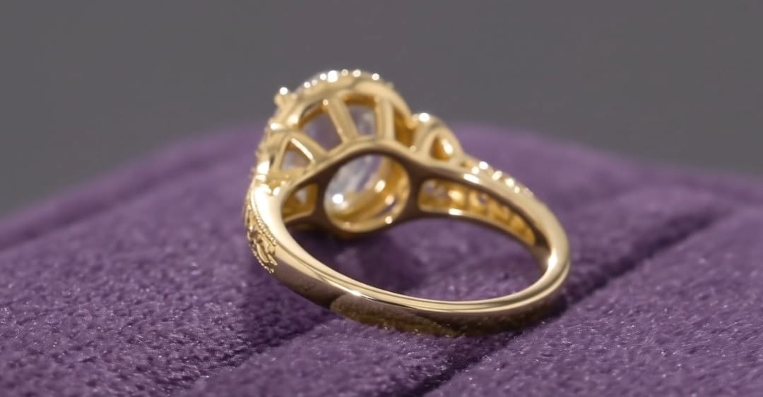 Under-gallery view of a yellow gold oval diamond engagement ring showing the structural setting and intricate band.