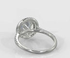 Back angle view of a 3 CT round cut lab grown diamond ring showing the double halo gallery structure and pave band.