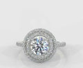 Direct top-down view of a stunning 3 CT round cut lab grown diamond ring highlighting the concentric double halo design.