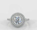 Direct top-down view of a stunning 3 CT round cut lab grown diamond ring highlighting the concentric double halo design.