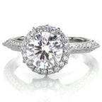 Front view of a 3 CT round lab grown diamond ring showing a brilliant halo and vintage inspired white gold band.