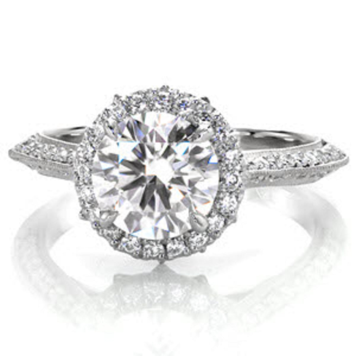 Front view of a 3 CT round lab grown diamond ring showing a brilliant halo and vintage inspired white gold band.