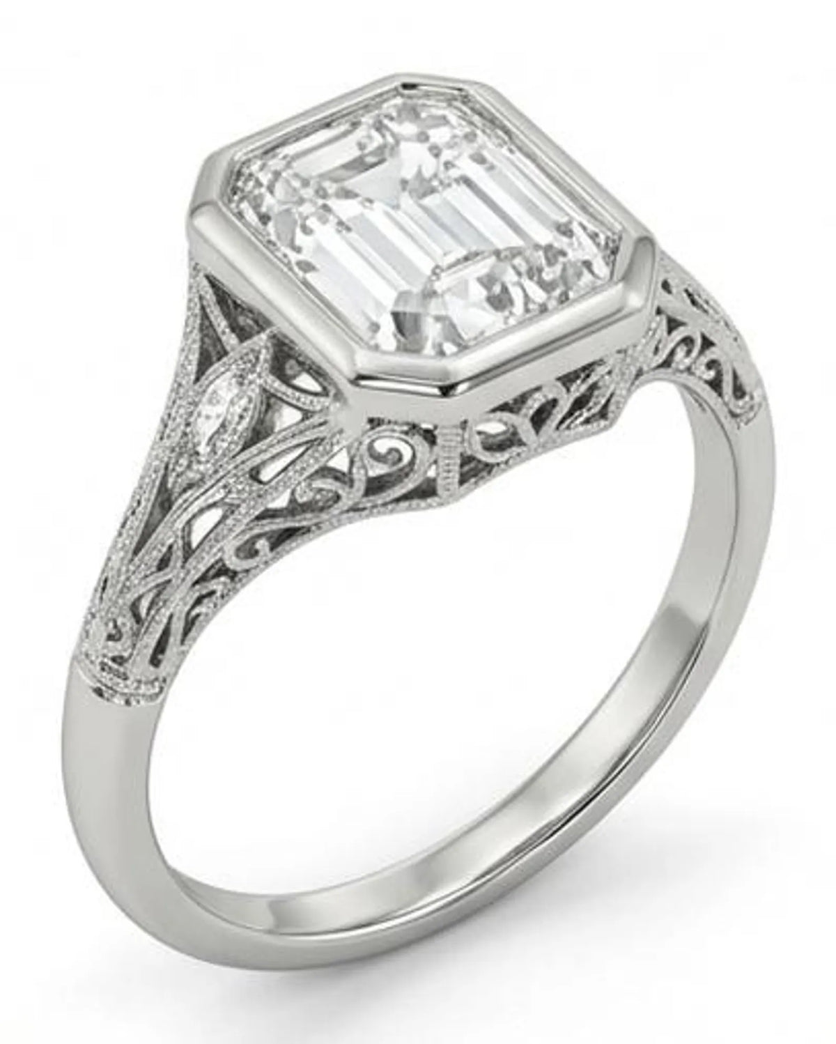Angled view of a 5 carat emerald cut lab grown diamond engagement ring featuring a vintage filigree band.